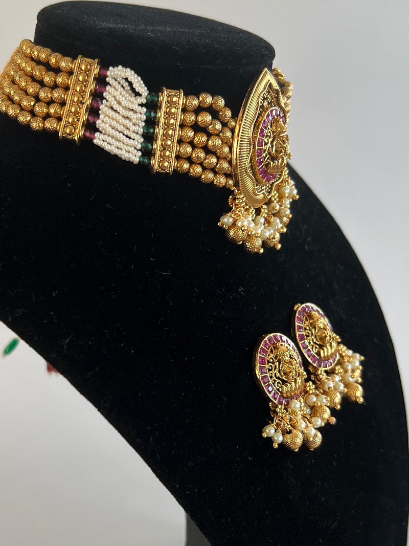 Handmade Antique Gold Finish Choker and Earrings Set with Laxhmi Image | Stones and Pearls | Choker Set | Indian Jewelry | Handmade Jewelry - Kaash Collection