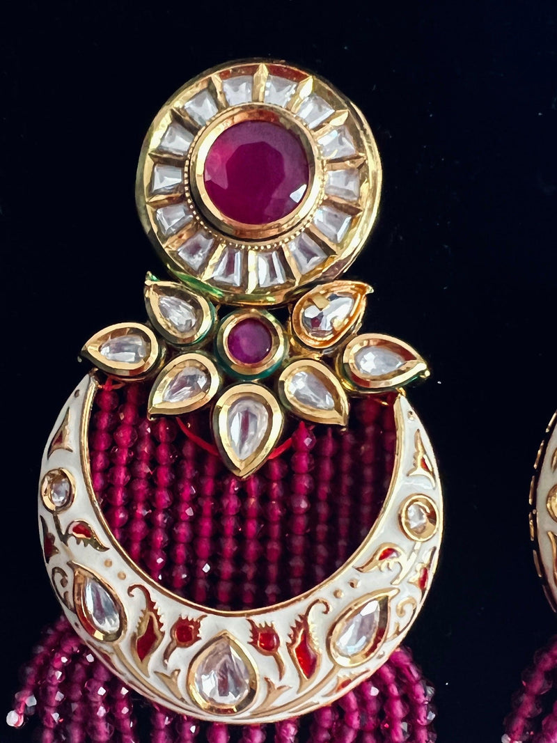 Handmade Dual Tone Plated Kundan fusion Earrings in Wine Color | Kundan Earrings | Danglers | Gift For Her | Wedding Jewelry | Long Earring - Kaash Collection