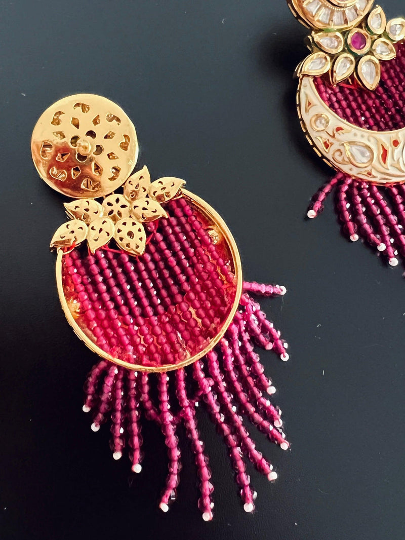 Handmade Dual Tone Plated Kundan fusion Earrings in Wine Color | Kundan Earrings | Danglers | Gift For Her | Wedding Jewelry | Long Earring - Kaash Collection