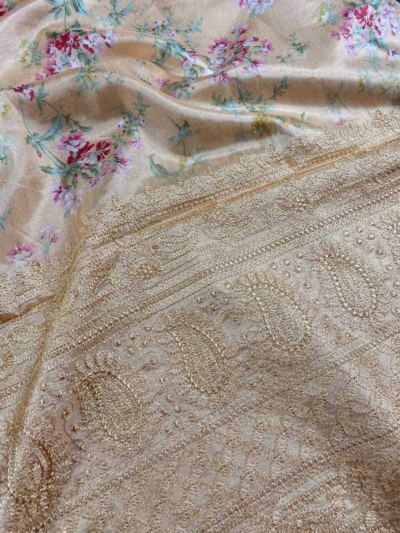 Peach Floral Print Saree with Lucknowi Embroidery and Crochet Lace Work | Soft Silk Saree | Floral Saree | Kaash Collection - Kaash Collection