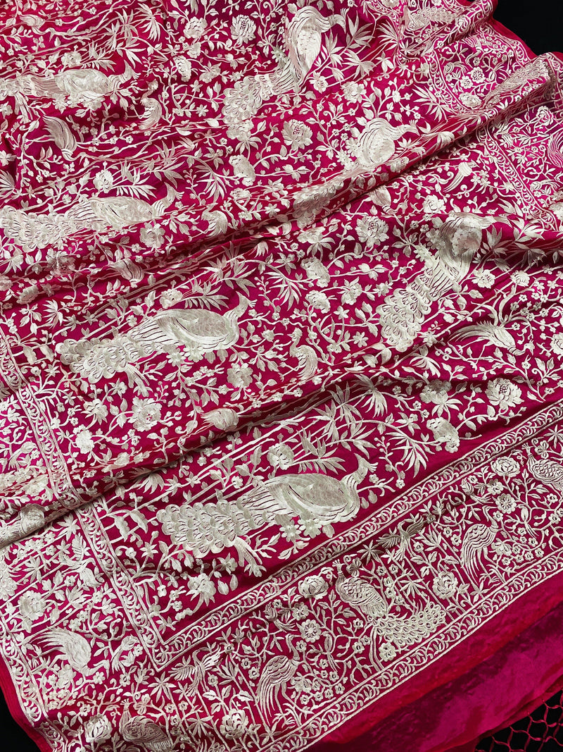 Hot Pink Parsi Gara Pure Handloom Georgette Silk Saree | Parsi Gara Saree | Rani Color Saree | Kaash Collection - Kaash Collection