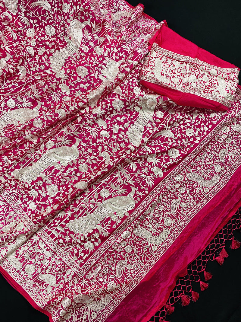 Hot Pink Parsi Gara Pure Handloom Georgette Silk Saree | Parsi Gara Saree | Rani Color Saree | Kaash Collection - Kaash Collection