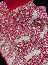 Hot Pink Parsi Gara Pure Handloom Georgette Silk Saree | Parsi Gara Saree | Rani Color Saree | Kaash Collection - Kaash Collection
