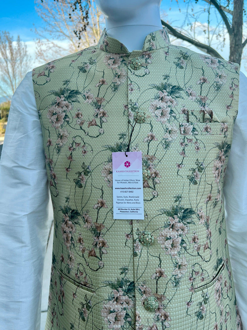 Designer Pista Green Gold Modi Nehru Jacket For Men in Jute Silk  | Jackets for Kurtas | Gift For Him | Indian Wedding, Party Wear Jackets - Kaash Collection