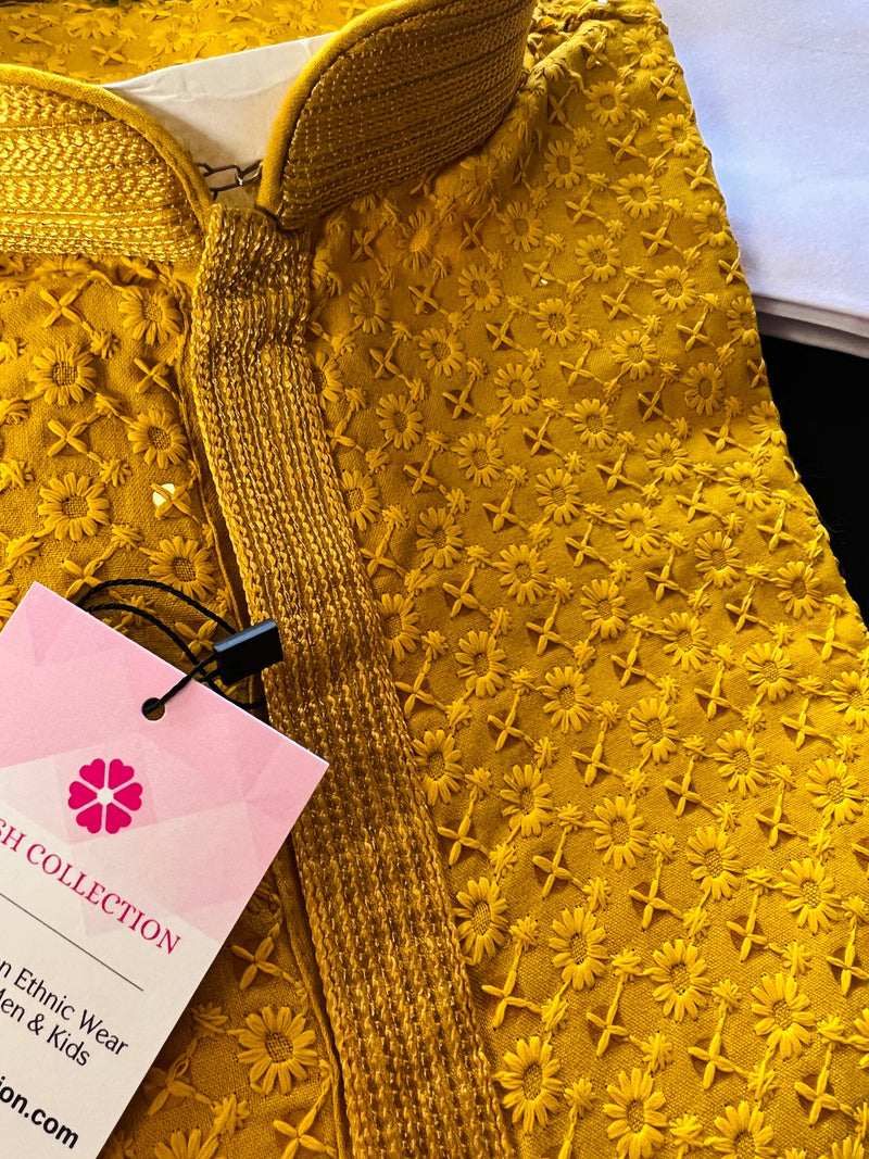 Sequin Chikhenkari Kurta Pajama Set in Mustard Yellow | Designer Wedding Mens Wear |  Haldi , Party Wear Kurta | Sequin Chikhenkari Kurta - Kaash Collection