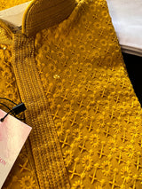 Sequin Chikhenkari Kurta Pajama Set in Mustard Yellow | Designer Wedding Mens Wear |  Haldi , Party Wear Kurta | Sequin Chikhenkari Kurta - Kaash Collection