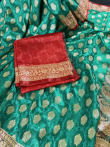 Green with Red combination Banarasi Tanchoi Silk Handloom Saree | Zari Weaving with Motifs | Kaash Collection - Kaash Collection