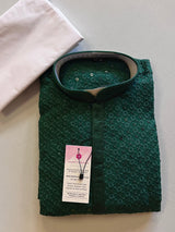 Sequin Chikhenkari Embroidery Kurta Pajama Set in Bottle Green | Wedding Mens Wear | Wedding, Party Wear Kurta | Sequin Chikhenkari Kurta - Kaash Collection