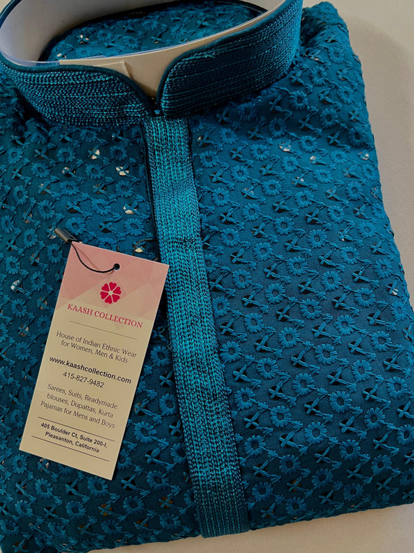 Sequin Chikhenkari Kurta Pajama Set in Teal Color | Designer Wedding Mens Ethnic Wear | Wedding, Party Wear Kurta | Sequin Chikhenkari Kurta - Kaash Collection