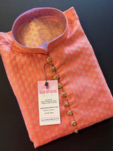 Peachy Pink Banarasi Silk Kurta Pajama Set for Men with small zari buttis Weaving - Kaash Collection
