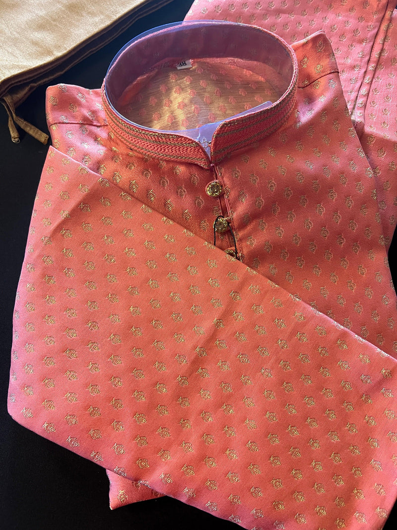 Peachy Pink Banarasi Silk Kurta Pajama Set for Men with small zari buttis Weaving - Kaash Collection