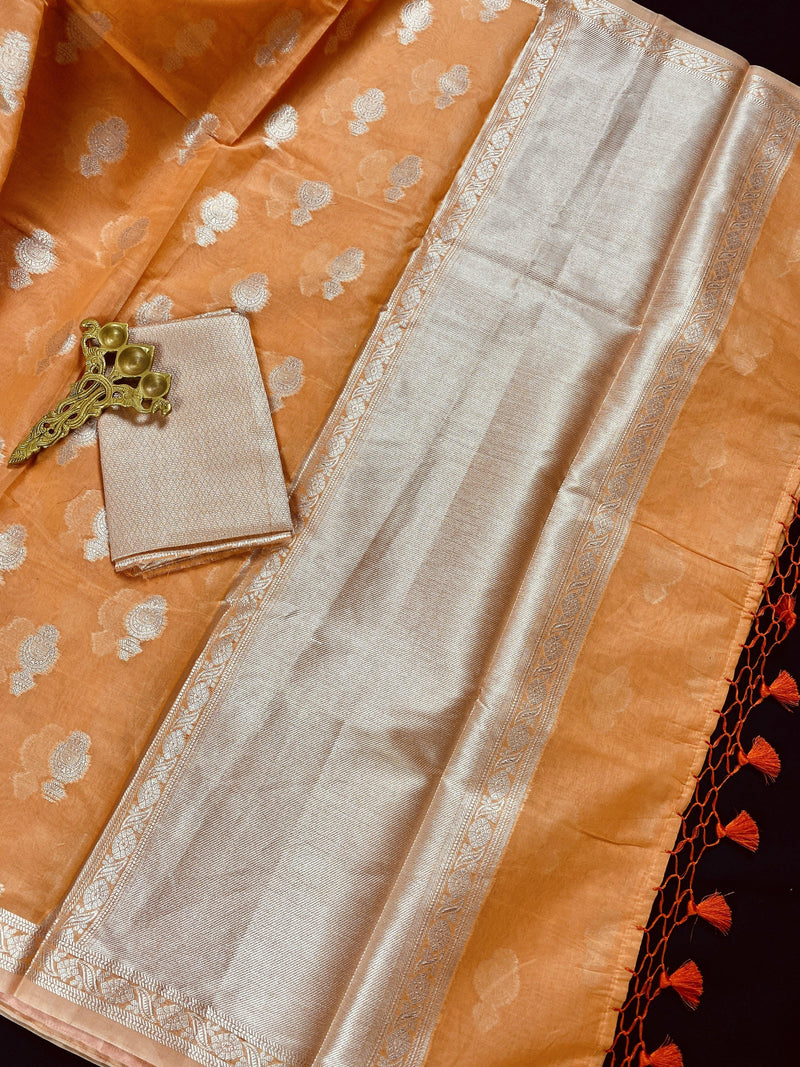 Peach Banarasi Cotton Silk with Sliver Zari Weave Work | Cotton Banarasi Sarees | Light Weight Sarees | Gift for Her | Kaash Collection - Kaash Collection