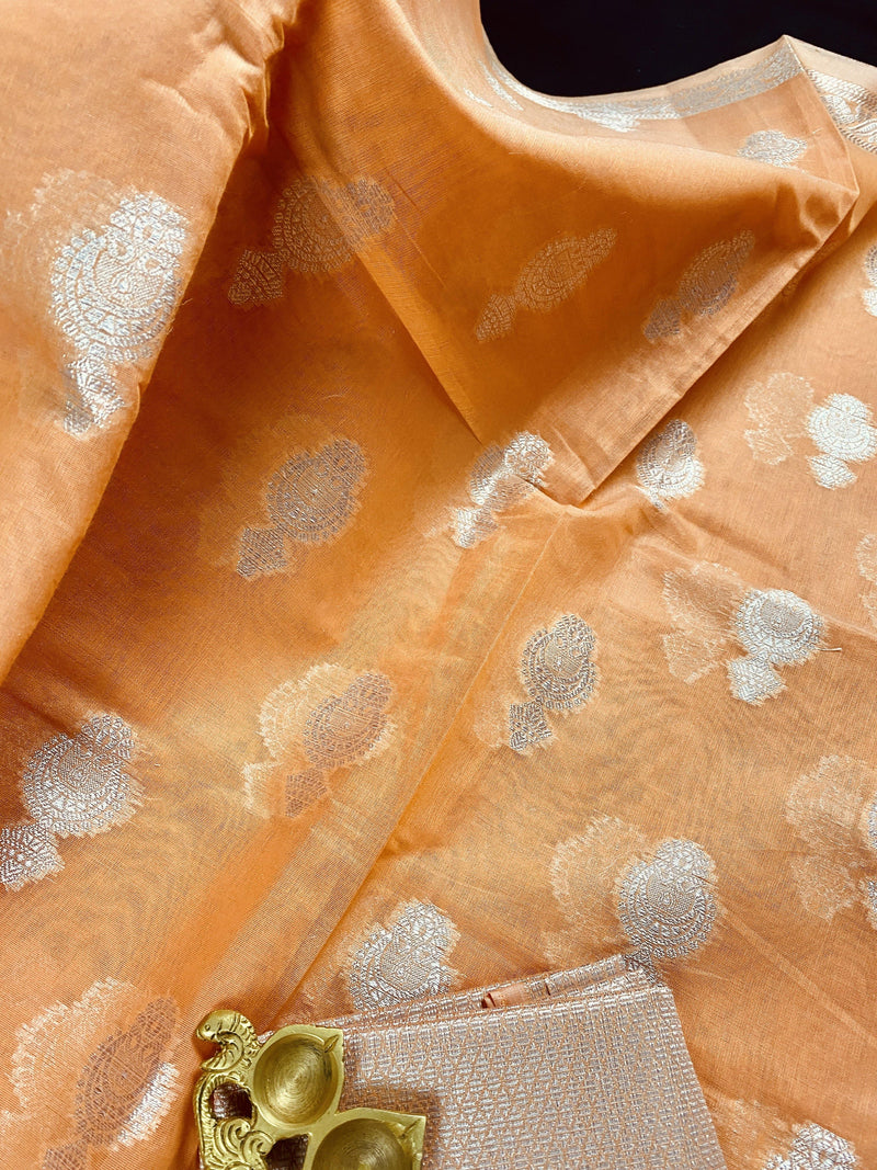Peach Banarasi Cotton Silk with Sliver Zari Weave Work | Cotton Banarasi Sarees | Light Weight Sarees | Gift for Her | Kaash Collection - Kaash Collection