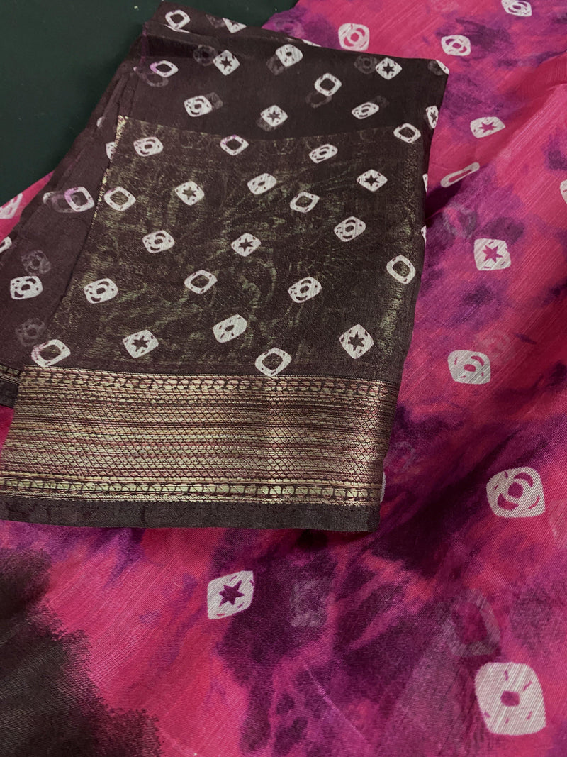Pink with brown borders 90 count Linen Saree | Elephant and Peacock Motifs | Linen Saree | Light Weight Saree | Kaash Collection - Kaash Collection