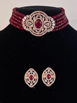 Bollywood Style Ruby Wine Color and Rose Gold Polish with CZ Necklace Earrings Choker Set in High Quality Beads and American Diamond - Kaash Collection