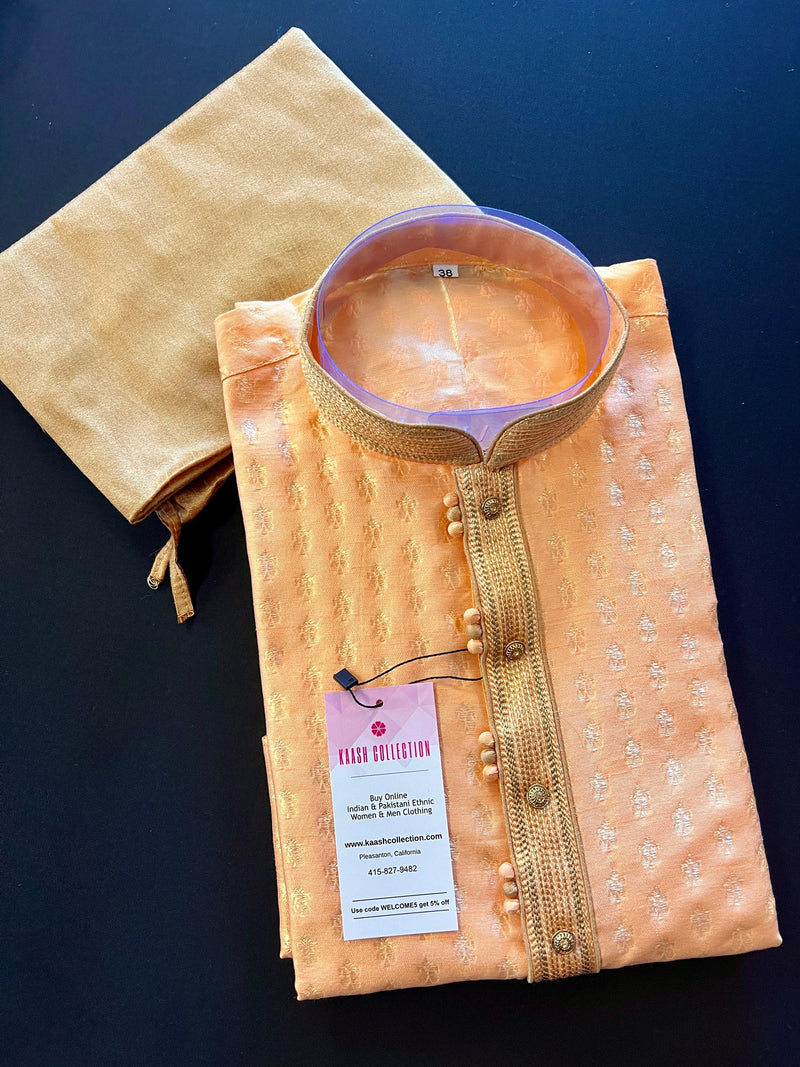 Light Peach Banarasi Silk Kurta Pajama Set for Men with small zari buttis Weaving - Kaash Collection