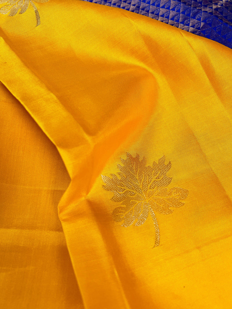 Mango Yellow Pure Kanjivaram Soft Silk Handloom Saree with blue Pallu and Blouse | Borderless Sarees | SILK MARK CERTIFIED Sarees - Kaash Collection