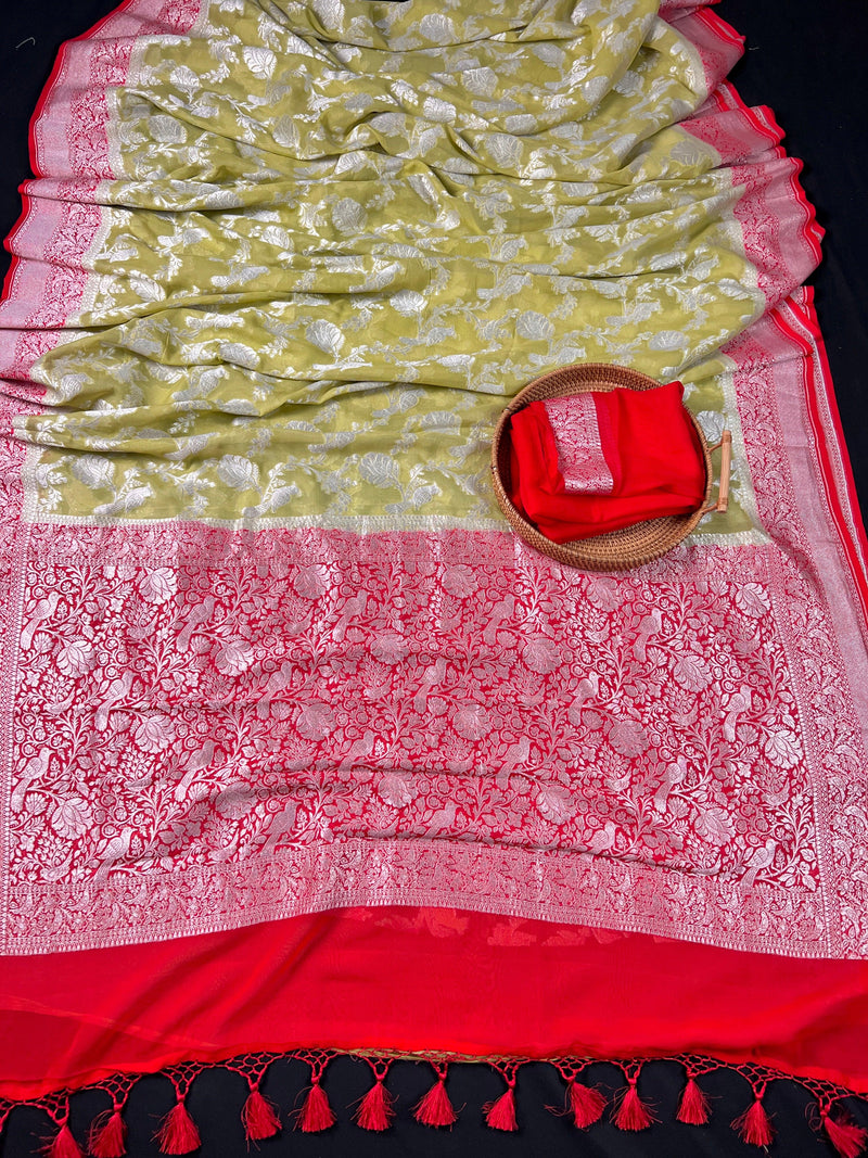 Lime Green with Bright Red Pure Georgette Chiffon Silk Saree with Sliver Zari | Jaal with Birds and Flower Motifs | SILK MARK CERTIFIED - Kaash Collection