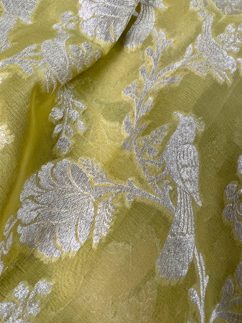 Lime Green with Bright Red Pure Georgette Chiffon Silk Saree with Sliver Zari | Jaal with Birds and Flower Motifs | SILK MARK CERTIFIED - Kaash Collection