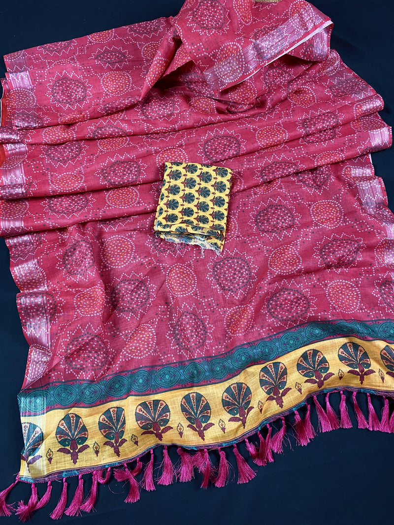 Pink 90 Count Linen Bandhani Bandhej Print Saree | Linen Saree | Light Weight Saree |Gift For Her |  Kaash Collection - Kaash Collection