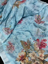 Sky Blue 90 Count Linen Floral Print Saree | Floral Saree | Linen Saree | Light Weight Saree |Gift For Her | Kaash Collection - Kaash Collection
