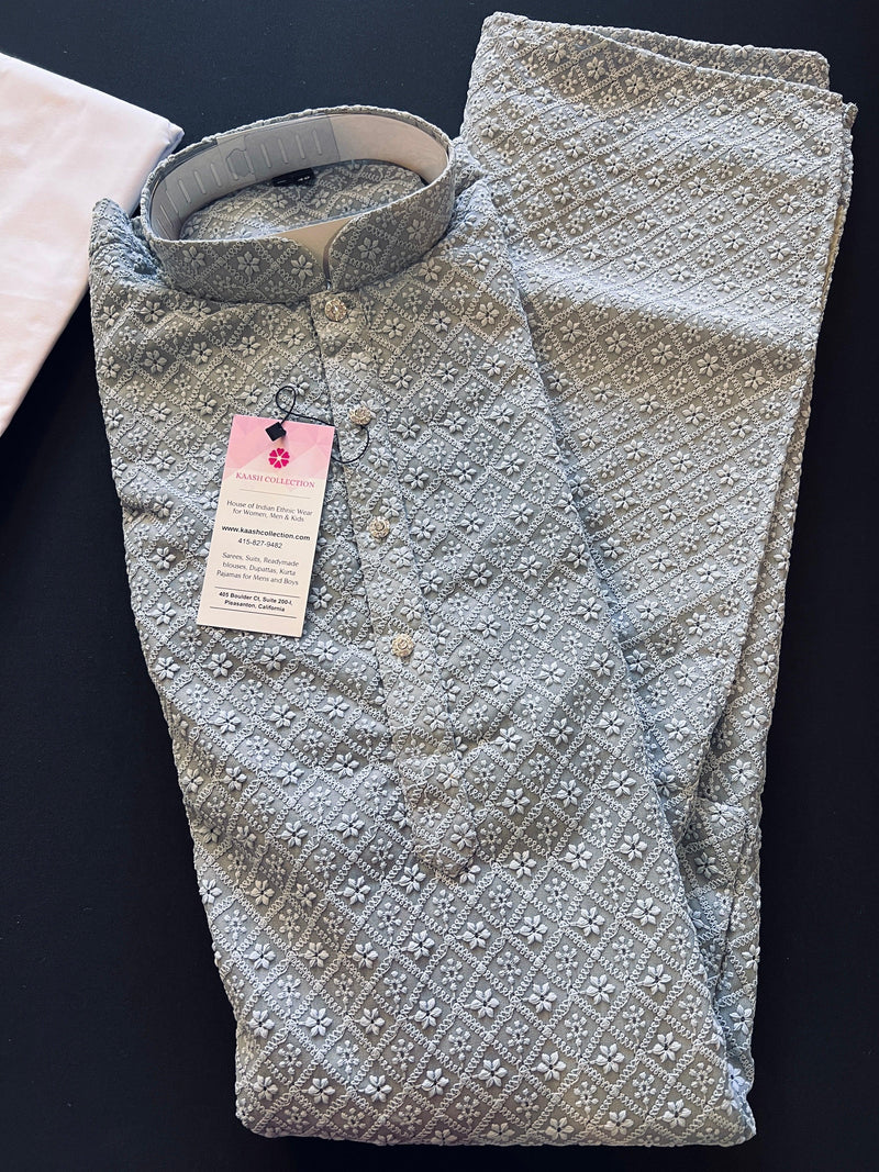 Light Grey Color Chikankari Lucknowi Georgette Men Kurta Pajama Set with Lining | Chikhankari Kurta | Mens Wear | Kurtas for Men - Kaash Collection