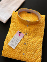 Mango Yellow Color Chikankari Lucknowi Georgette Men Kurta Pajama Set with Lining | Chikhankari Kurta | Mens Wear | Kurta for Haldi Ceremony - Kaash Collection