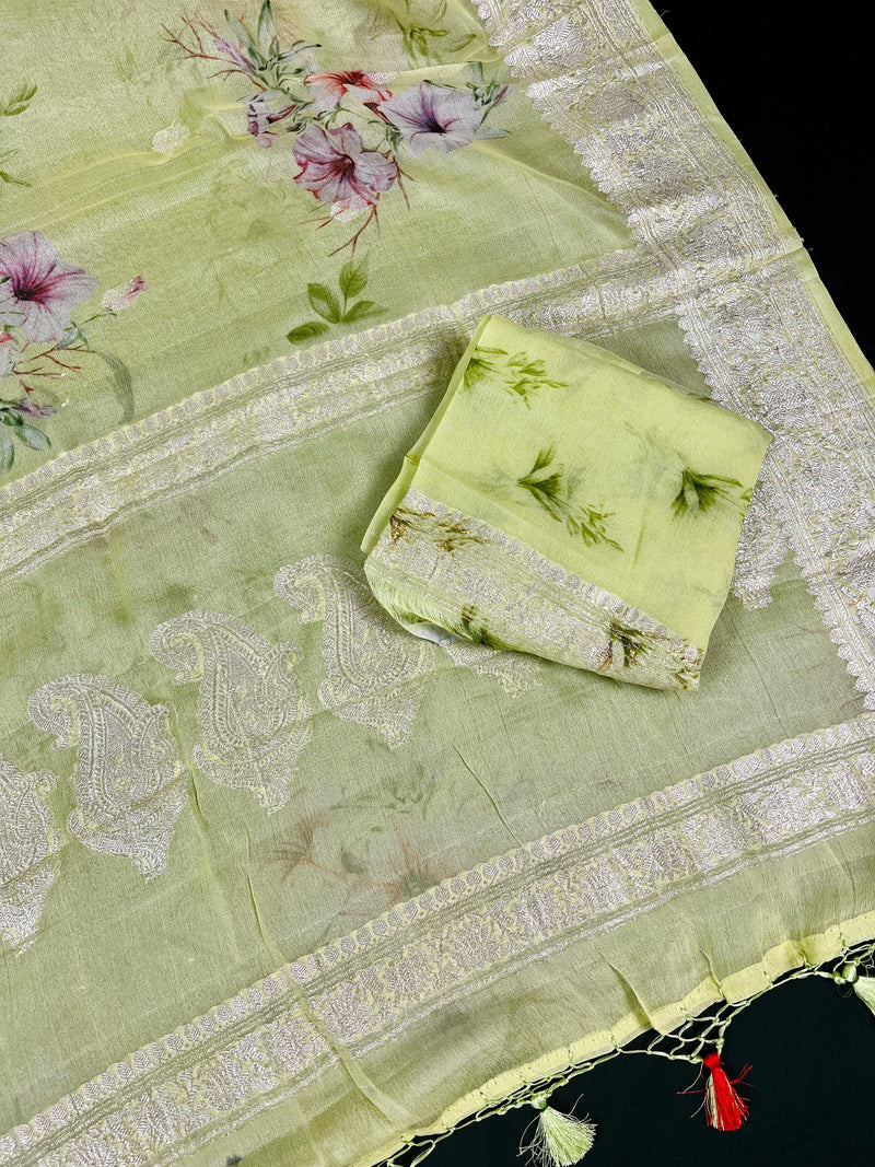 Apple Green Pure Chiffon Silk  Saree with Sliver Zari and Floral Digital Prints | SILK MARK CERTIFIED - Kaash Collection