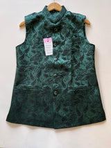 Green Color Modi Nehru Jacket For Men with black thread embroidery | Jacket for Kurta | Silk Jacquard Mens Kurta Jackets | Waistcoat - Kaash