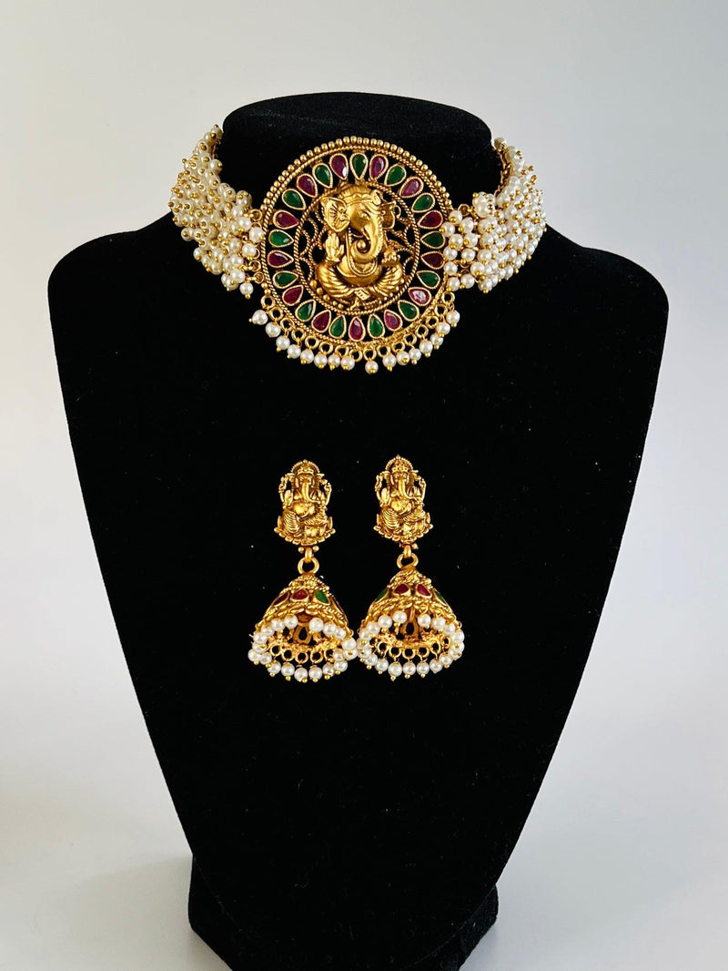Handmade Antique Gold Finish Choker and Earrings Set with Lord Ganesha Carving | with Pearls and Kamp Stones | Choker Set | Indian Jewelry - Kaash Collection