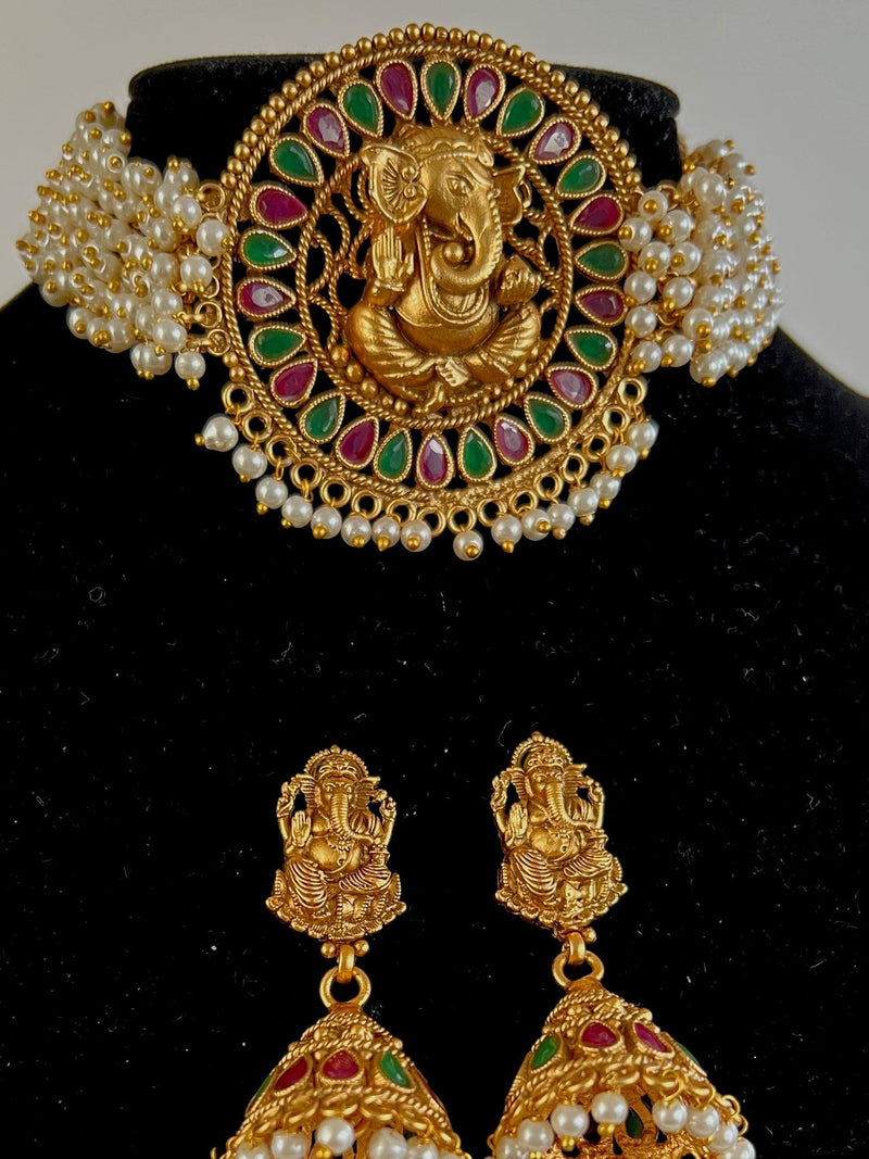 Handmade Antique Gold Finish Choker and Earrings Set with Lord Ganesha Carving | with Pearls and Kamp Stones | Choker Set | Indian Jewelry - Kaash Collection