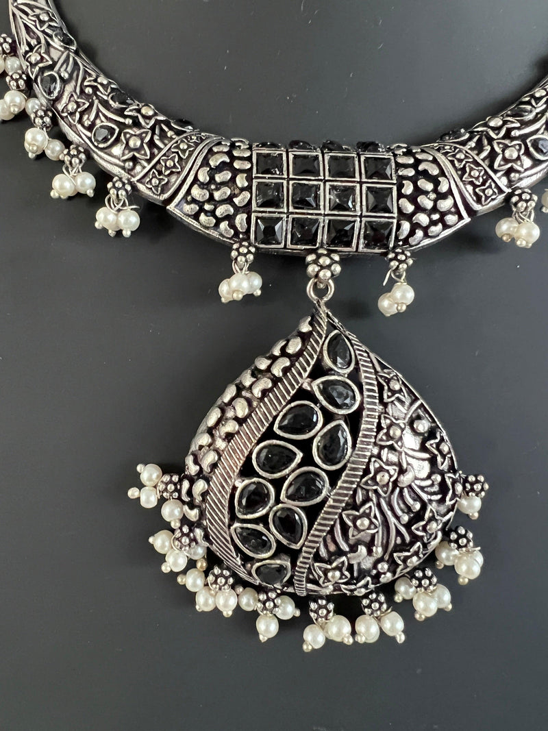 Oxidized Jewelry | Necklace with earrings | Oxidized indian jewelry with Stones | Oxidized German Silver Jewelry for women | Indian Jewelry - Kaash Collection