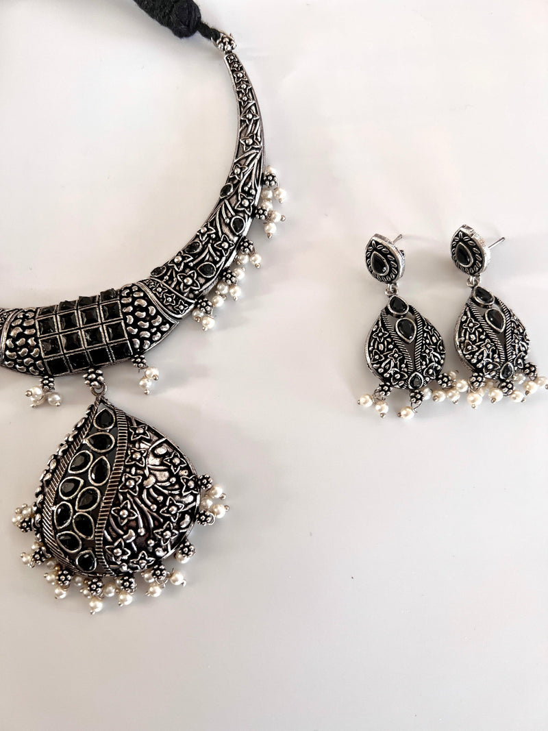 Oxidized Jewelry | Necklace with earrings | Oxidized indian jewelry with Stones | Oxidized German Silver Jewelry for women | Indian Jewelry - Kaash Collection