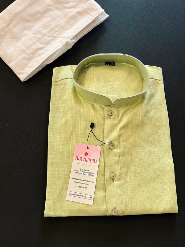 Light Pista Green Color Linen Cotton Kurta Pajama for Men with White Pajama - Kaash Collection
