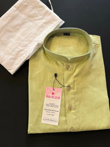 Light Pista Green Color Linen Cotton Kurta Pajama for Men with White Pajama - Kaash Collection