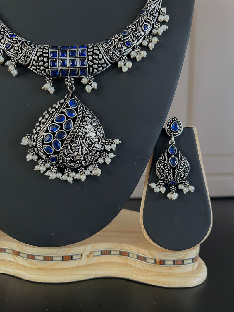 Oxidized Jewelry | Necklace with earrings | Oxidized indian jewelry with Blue Semi Precious Stones | Oxidized German Silver Jewelry for women - Kaash Collection