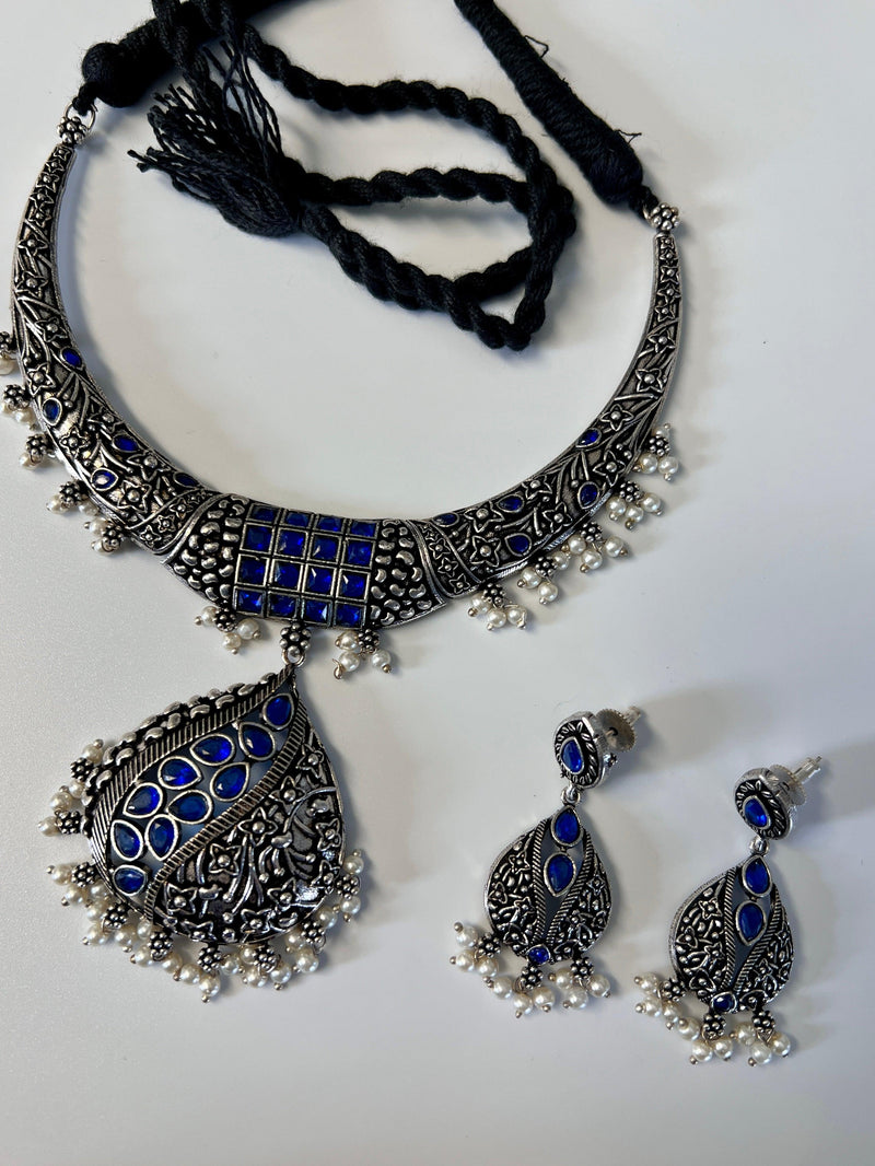 Oxidized Jewelry | Necklace with earrings | Oxidized indian jewelry with Blue Semi Precious Stones | Oxidized German Silver Jewelry for women - Kaash Collection