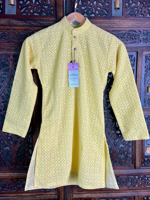 Yellow Color Kurta Pajama for Boys in Georgette material with Lucknowi Chikankari Work | Boys Kurta Pajama | Boys Kurtas | Kaash Collection - Kaash Collection