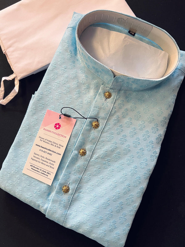 Bright Sky Blue Color Raw Silk Men Kurta Pajama Set | Mens Ethnic Wear | Party Wear Kurta Pajama Set | Blue Color Kurta | Kurta Store - Kaash Collection