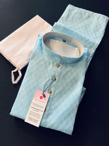 Bright Sky Blue Color Raw Silk Men Kurta Pajama Set | Mens Ethnic Wear | Party Wear Kurta Pajama Set | Blue Color Kurta | Kurta Store - Kaash Collection