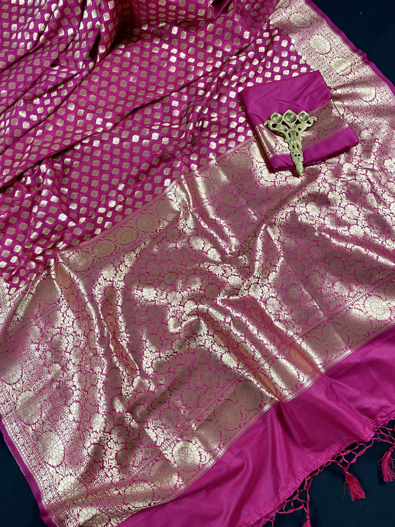 Pink Traditional Banarasi Handloom Saree in Semi Banarasi Silk with Small Buttis | Soft Silk Saree | Banarasi Silk Saree | Kaash Collection - Kaash Collection
