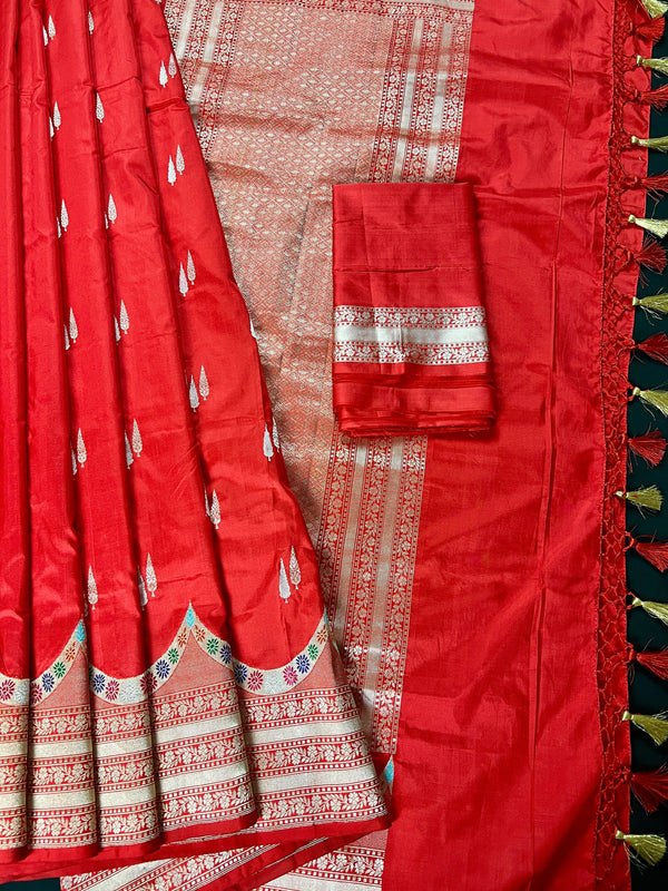 Dull Red Color Pure Banarasi Katan Silk saree with Meenakari | Kadhua Banarasi | Handloom Saree | Pure Silk Sarees | Silk Mark Certified - Kaash Collection