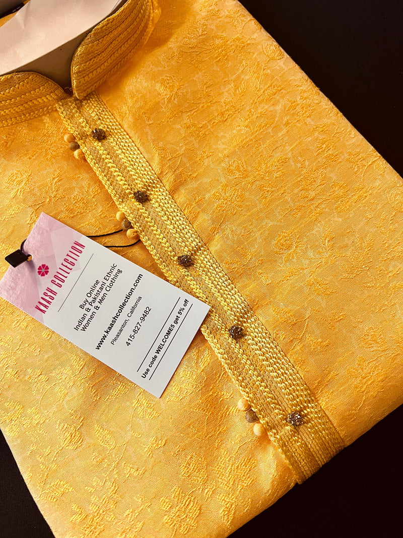 Turmeric Yellow designer Men Kurta Pajama Set with Weave Work | Soft Silk Men Ethnic Wear| Designer Mens Wear | Kaash Collection - Kaash Collection