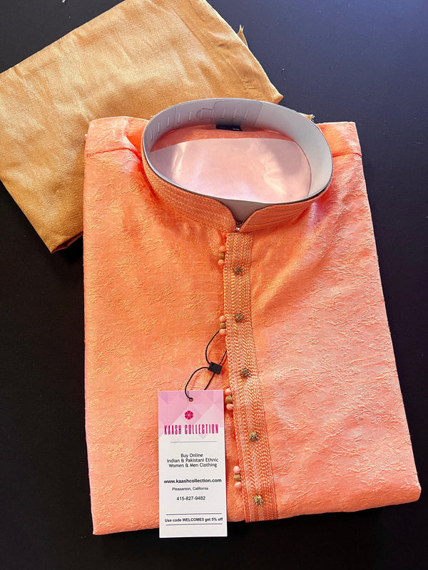Peach Floral Self Embroidery design Men Kurta Pajama Set | Soft Silk Men Ethnic Wear| Designer Mens Wear | Indian Wedding Wear Kurtas - Kaash Collection