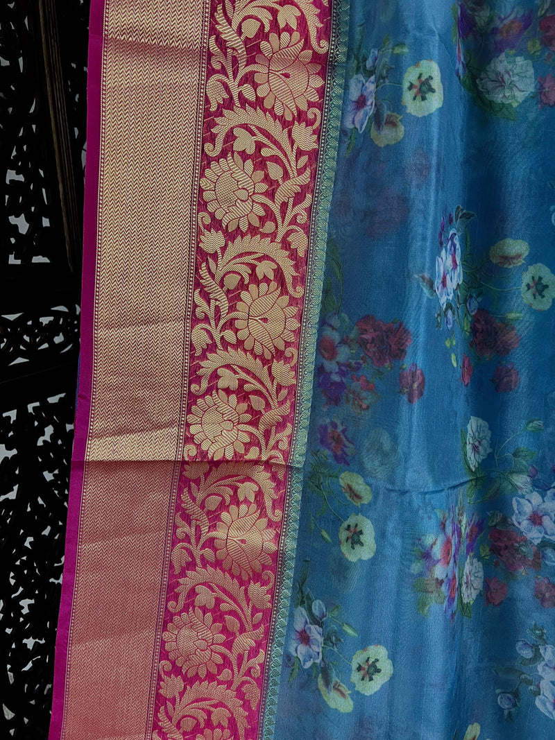 Dark Sea Blue Color Banarasi Organza Kora Silk Saree with Floral Digital Prints and BanarasI Borders | Handmade Sarees - Kaash Collection
