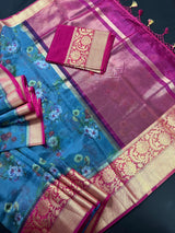 Dark Sea Blue Color Banarasi Organza Kora Silk Saree with Floral Digital Prints and BanarasI Borders | Handmade Sarees - Kaash Collection