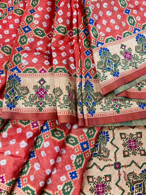 Light Carrot Color Banarasi Dupion Silk Bandhej Bandhani Saree | Minakari and Muted Gold Zari Weave | Authentic Bandhej Saree | Sari Store - Kaash Collection