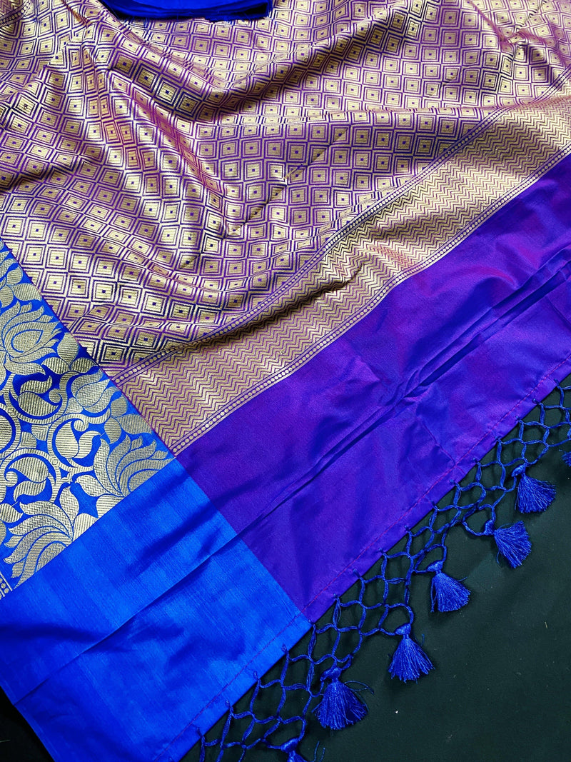 Hot Pink with Blue Traditional Banarasi Handloom Saree | Floral Design | Banarasi Silk Saree | Kaash Collection - Kaash Collection