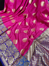 Hot Pink with Blue Traditional Banarasi Handloom Saree | Floral Design | Banarasi Silk Saree | Kaash Collection - Kaash Collection