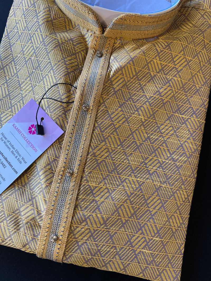 Mustard Yellow and Grey designer Men Kurta Pajama Set with tiny Sequin Work | Self Embroidered Material | Designer Mens Wear | Kurta Store - Kaash Collection